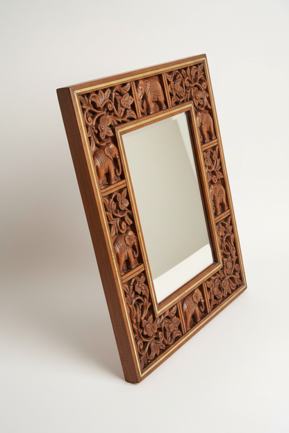Marwar Elephant Legacy Hand-Carved Wooden Wall Mirror