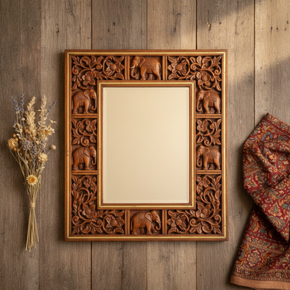 Marwar Elephant Legacy Hand-Carved Wooden Wall Mirror
