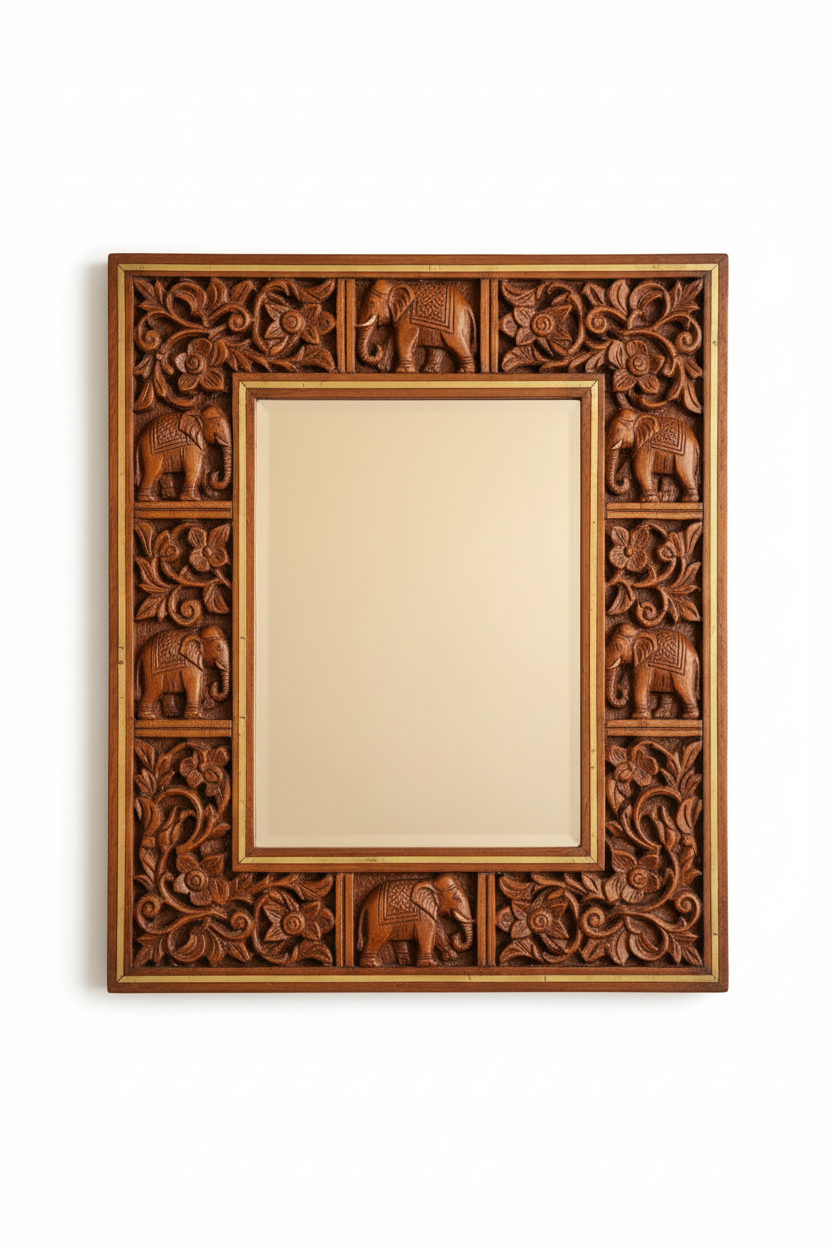 Marwar Elephant Legacy Hand-Carved Wooden Wall Mirror