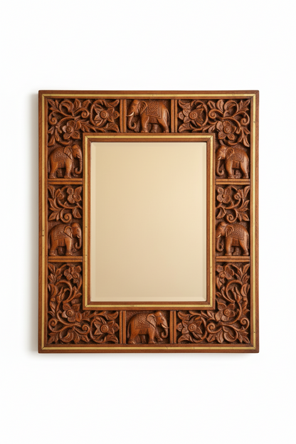 Marwar Elephant Legacy Hand-Carved Wooden Wall Mirror