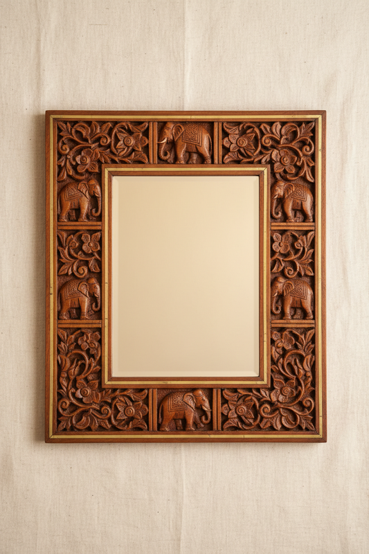 Marwar Elephant Legacy Hand-Carved Wooden Wall Mirror