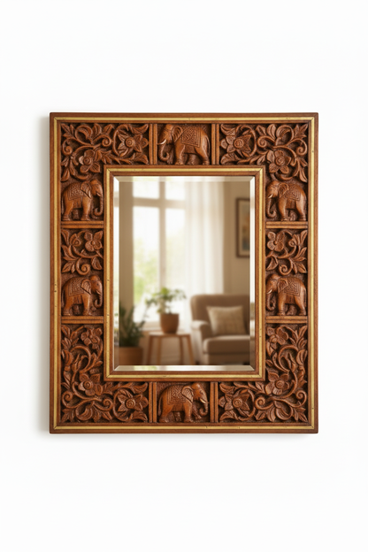 Marwar Elephant Legacy Hand-Carved Wooden Wall Mirror - Front View