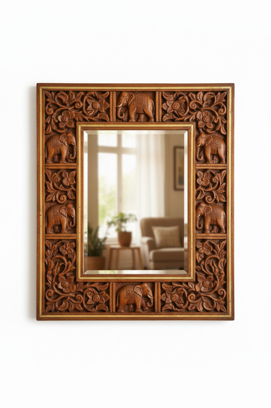 Marwar Elephant Legacy Hand-Carved Wooden Wall Mirror - Front View