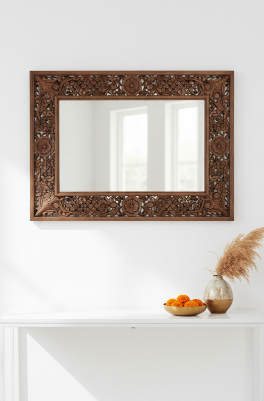 Marwar Floral Heritage Hand-Carved Wooden Mirror – Traditional Jaali Wall Decor