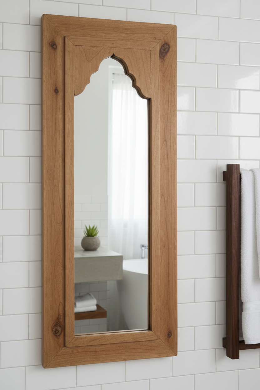 Jodhpur Jharokha Full-Length Wall Mirror – Hand-Carved Teak Wood Arch Design