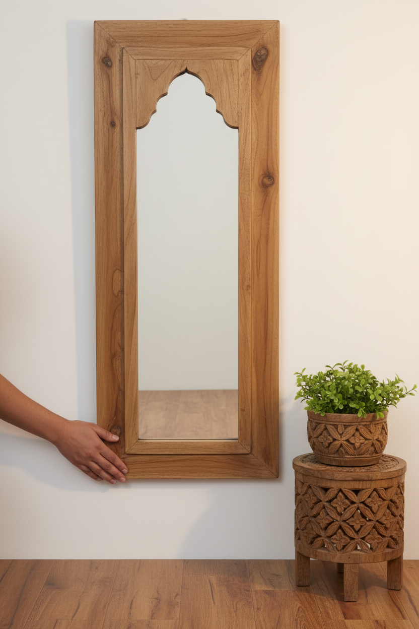 Jodhpur Jharokha Full-Length Wall Mirror – Hand-Carved Teak Wood Arch Design