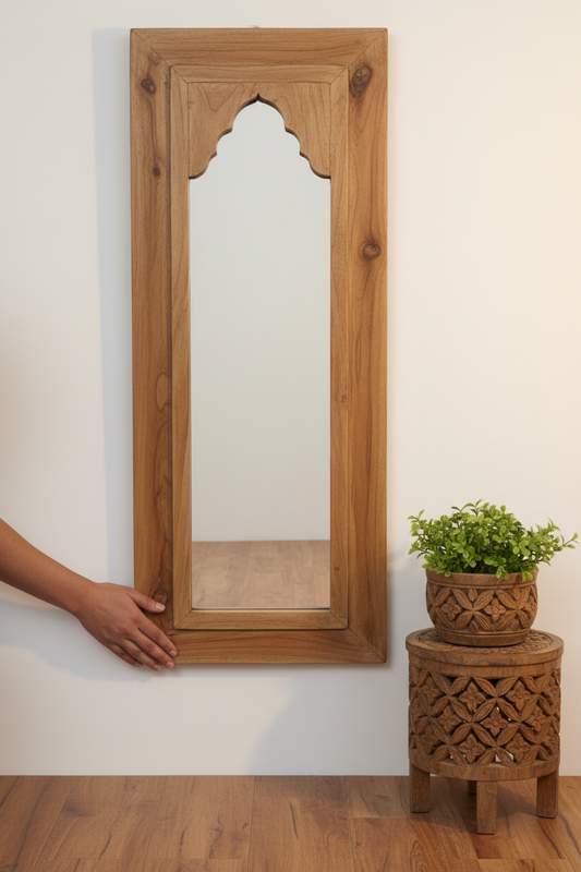 Jodhpur Jharokha Full-Length Wall Mirror – Hand-Carved Teak Wood Arch Design