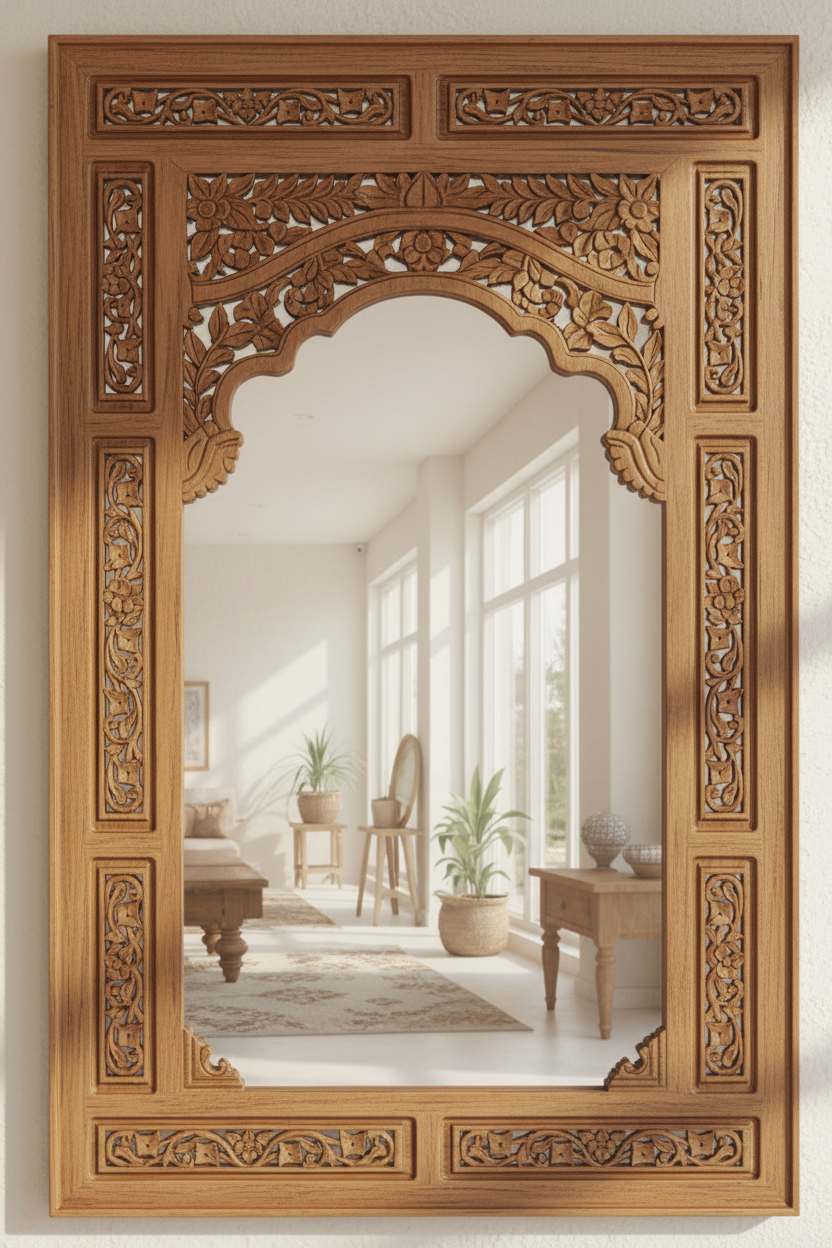 Jharokha Arch Wall Mirror — Hand-Carved Mango Wood | Natural Brown | 75×120 cm