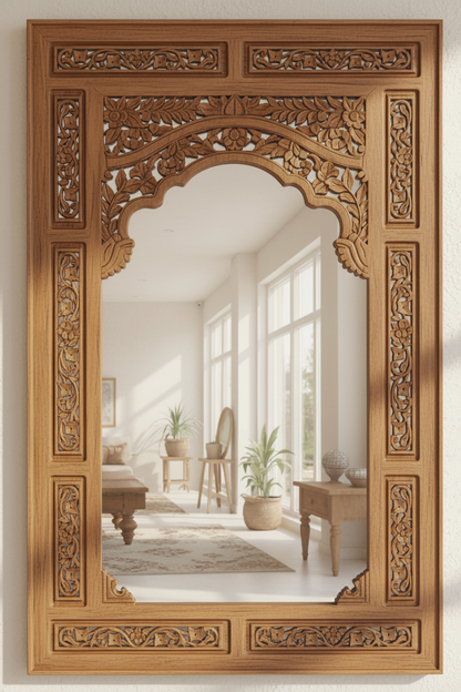 Jharokha Arch Wall Mirror — Hand-Carved Mango Wood | Natural Brown | 75×120 cm